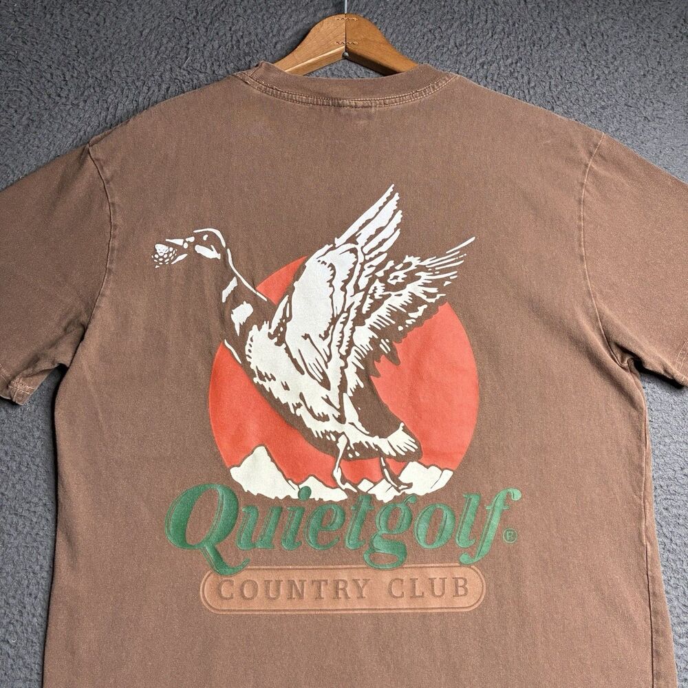 Quiet Golf Club T-Shirt Mens Medium Brown Script Spellout Logo Short Sleeve